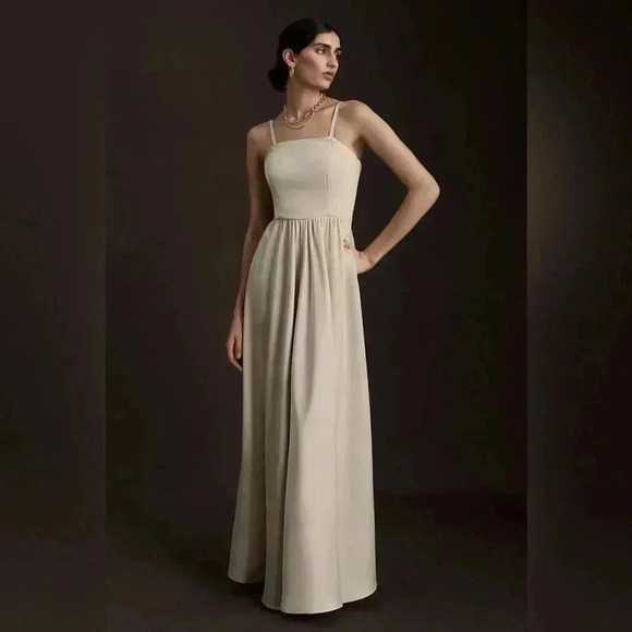 BHLDN Elsie Straight-Neck Satin A-Line Gown Khaki Nude Color Size 8 NWT - Picture 2 of 14